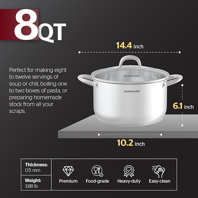 SUNHOUSE 8 Quart Stock Pot with Lid - 3-Ply Bottom Stainless Steel Pasta Cooking Canning Dutch Oven Pot - Induction Compatible for All Stovetops - Dishwasher Safe & Oven Safe