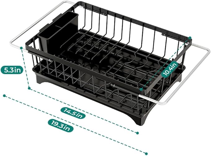 Small Dish Drying Rack in Sink, Expandable Stainless Steel Dish Drainers for Kitchen Counter, with Drain Board & Utensil Holder(Black)