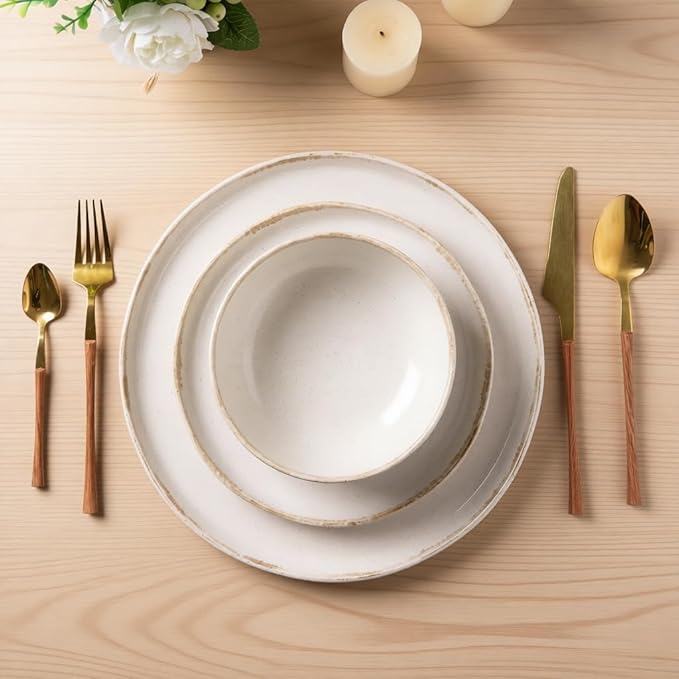 AmorArc Ceramic Dinnerware Sets, Wavy Rim Stoneware Plates and Bowls Sets, Highly Chip and Crack Resistant | Dishwasher & Microwave Dishes set, Service for 4 (12pc)-Speckled Cappuccino White