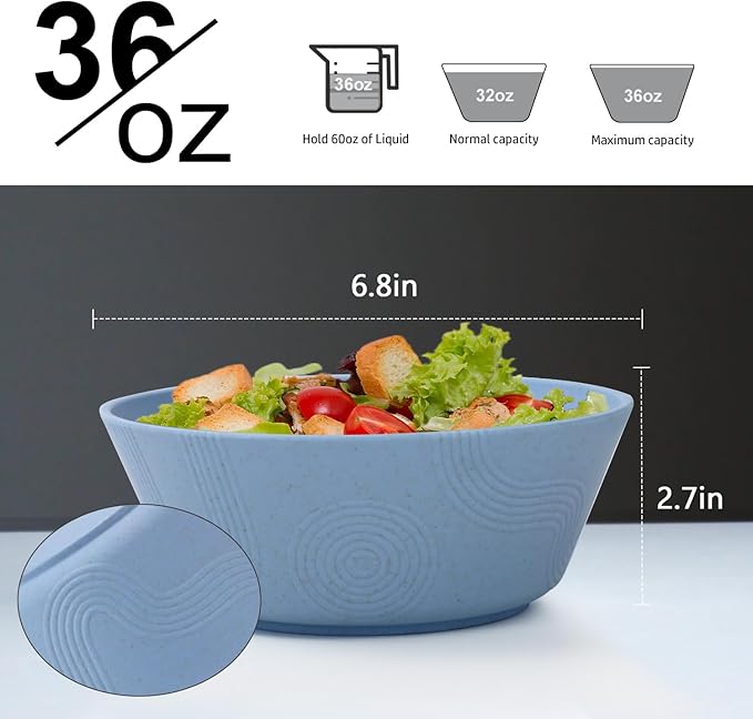 Homienly Alternatives Plastic Bowls - 36oz Cereal & Soup Bowls, Set of 6, Microwave & Dishwasher Safe, Sky Blue