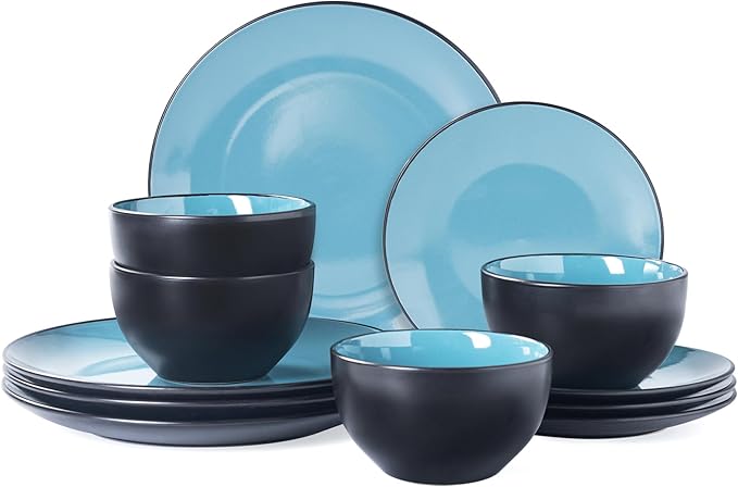 Plates and Bowls Sets for 4 - CJDC-QUELO 12-Piece Stoneware Dinnerware Sets, Ceramic Dishware Set for Indoor Kitchen Use and Formal Dining, Chip and Scratch Resistant Microwave Dishwasher Safe