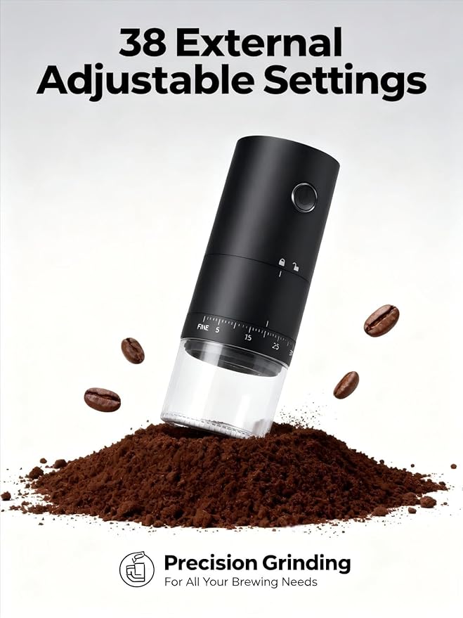 Lamido 2026 New Upgrade Portable Electric Coffee Grinder with Ceramic Burr - 38 Adjustable Grind Settings - 1.8X Faster Grinding - 2000 mAh Rechargeable for Espresso, Travel - Black