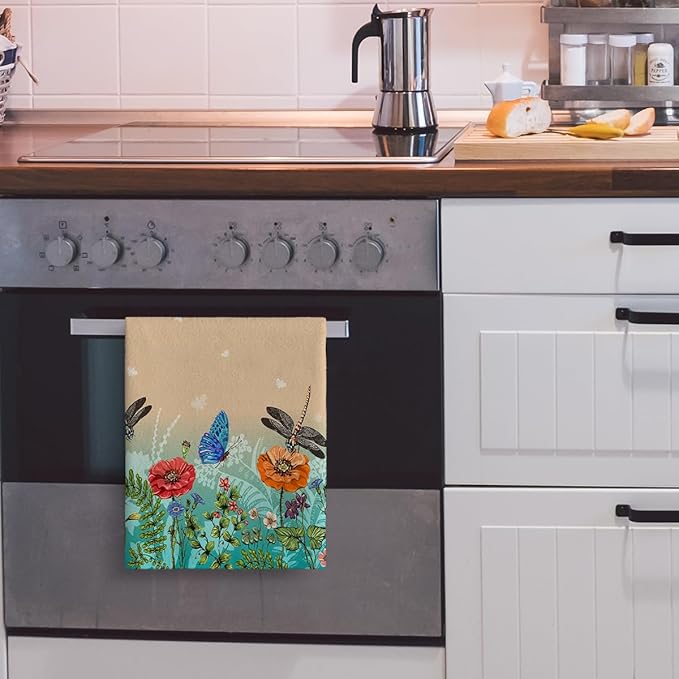 Dragonfly Floral Kitchen Towel Decorative Set of 2 Soft Absorbent Hand Towels Spring Summer Kitchen Decor Bloom Flowers Tea Towels Farmhouse Dish Towels for Kitchen Drying Bathroom Home Decor