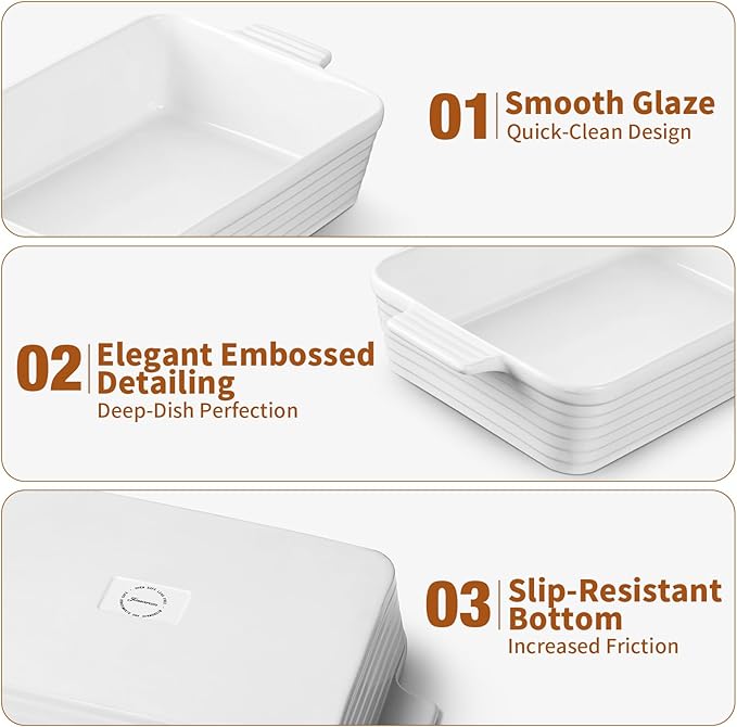 Jassceram Casserole Dishes for Oven, 9x13 Large Porcelain Baking Dish, 4.5-Quart Deep Rectangular Baking Pan with Handles for Lasagna, Roasting, Oven and Dishwasher Safe, Great Kitchen Gift, White