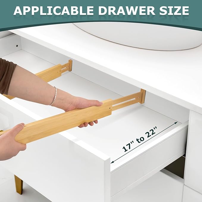 Lzerking Drawer Divider 4 Pack, Kitchen Bamboo Drawer Organizers, 17-22" Adjustable Wood Dividers for Clothes, Spring Loaded, Works in Kitchen, Dresser, Bathroom and Bedroom