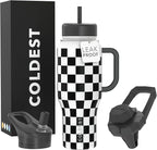 Coldest Tumbler with Handle and Straw, 100% Leak Proof Insulated Tumbler with Lid and Straw (3 Lids), Stainless Steel Tumblers for Women & Men, Cup Holder Friendly, 36 oz (Black Checkers)
