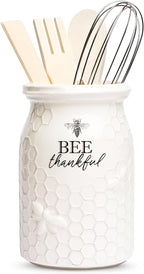 Young's Inc. Ceramic Utensil Holder for Countertop - Kitchen Crock with 3 Wooden Utensils - Large Organizer for Cooking Tools, Flatware, and More - Bee Thankful
