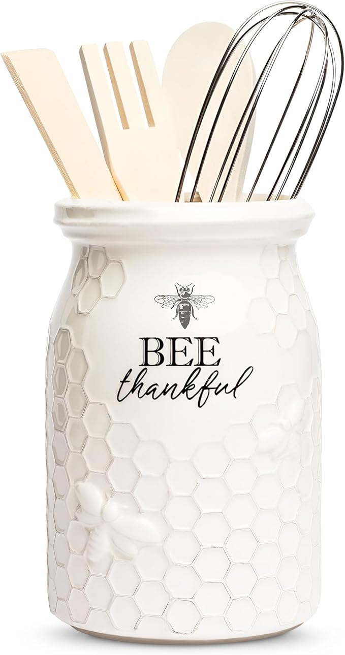 Young's Inc. Ceramic Utensil Holder for Countertop - Kitchen Crock with 3 Wooden Utensils - Large Organizer for Cooking Tools, Flatware, and More - Bee Thankful