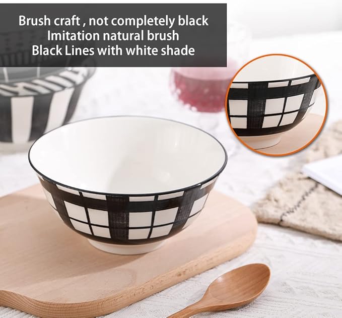 Cereal Bowl Porcelain Soup Bowls - Ceramic Bowl Set 23 oz - 6 Inch Japanese Bowls Black and White for Serving Salad | Ramen | Noodle | Pho | Oat | Oatmeal - Microwave and Dishwasher Safe - Set of 6