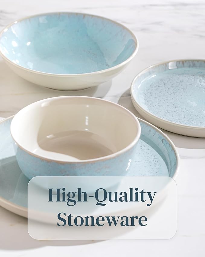 Stoneware dinnerware set 8 persons 32 pcs – Modern style plates and bowls set ceramic – Dishwasher safe and scratch resistant – Bowl and plate set – Dinner service Pure Living beige & blue