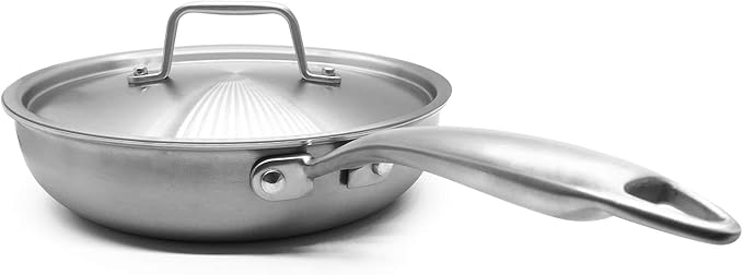 Fortune Candy 8-Inch Fry Pan with Lid, 3-ply Skillet, 18/8 Stainless Steel, Dishwasher Safe, Induction Ready, Silver