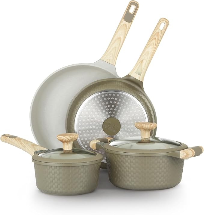 Bambù 6Pcs Cookware set, Die-cast Aluminum pots and pans, Nonstick frying pans and casseroles, Induction safe, PFOA-free (Green and Cream, 6 pcs)