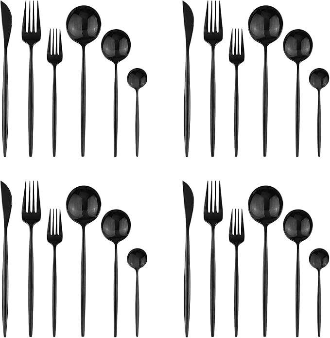 24Pcs Black Mirror Silverware Flatware Set, 18/0 Stainless Steel Cutlery Set Utensils Kitchen Dinnerware Include Knife Fork Spoon and Teaspoon, Service for 4