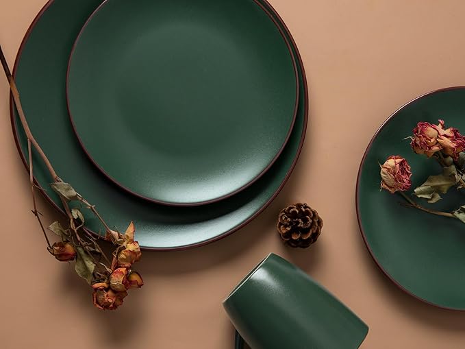 Famiware Venus Plates and Bowls Sets, 18 Pieces Stoneware Dinnerware Sets, Speckled Dishes Set for 6, Microwave and Dishwasher Safe, Matte Dark Green