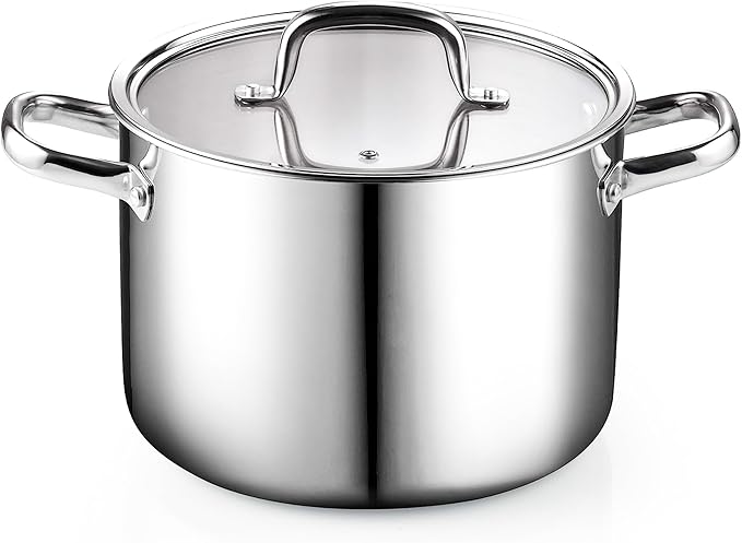 Cook N Home Stainless Steel Stockpot 8 Quart, Tri-Ply Clad Soup Pot with Glass Lid, Induction Compatible, Heavy Duty Canning Pot, Dishwasher Oven Safe, Silver