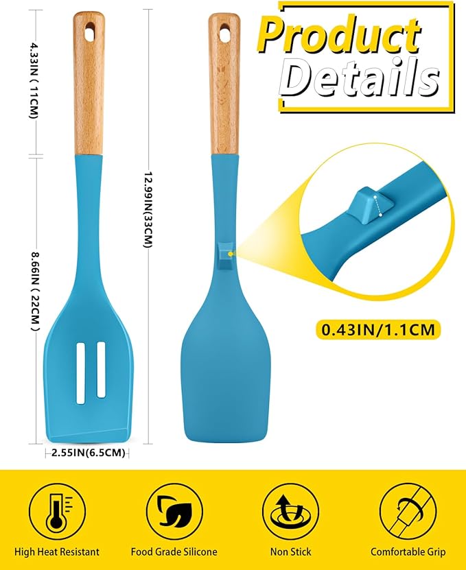 Pack of 2 Large Silicone Cooking Spoons, Heat Resistant Non Stick Kitchen Utensils with Wooden Handle, Ideal for Mixing, Stirring, Serving, Cooking(BLUE)