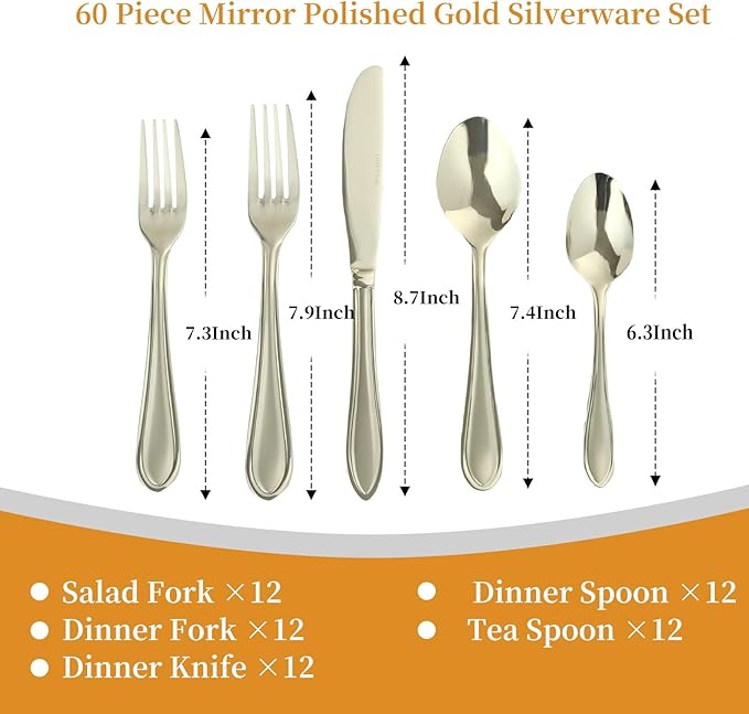 Silverware Set, 60-Piece Stainless Steel Flatware, 18/0 Stainless Steel Utensils, Dishwasher Safe, Modern Tableware for Home & Kitchen Dining