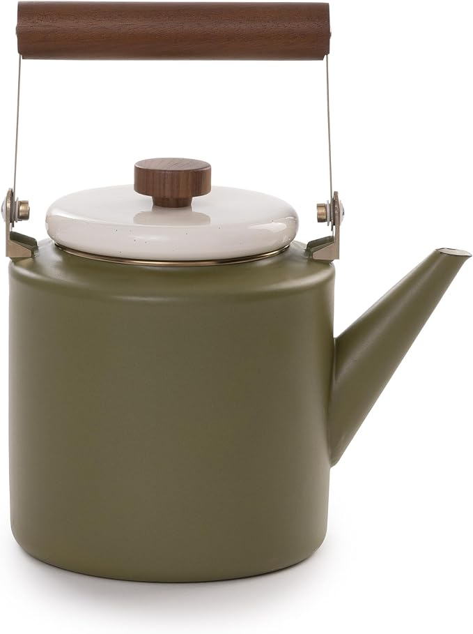 Barebones 2-Tone Enamel Teapot - Vintage Inspired Design - Baked Stainless Steel Rim - FSC Certified Natural Walnut Handle Tea Kettle - 1.5 Liters, 6 Cups (Olive Drab)