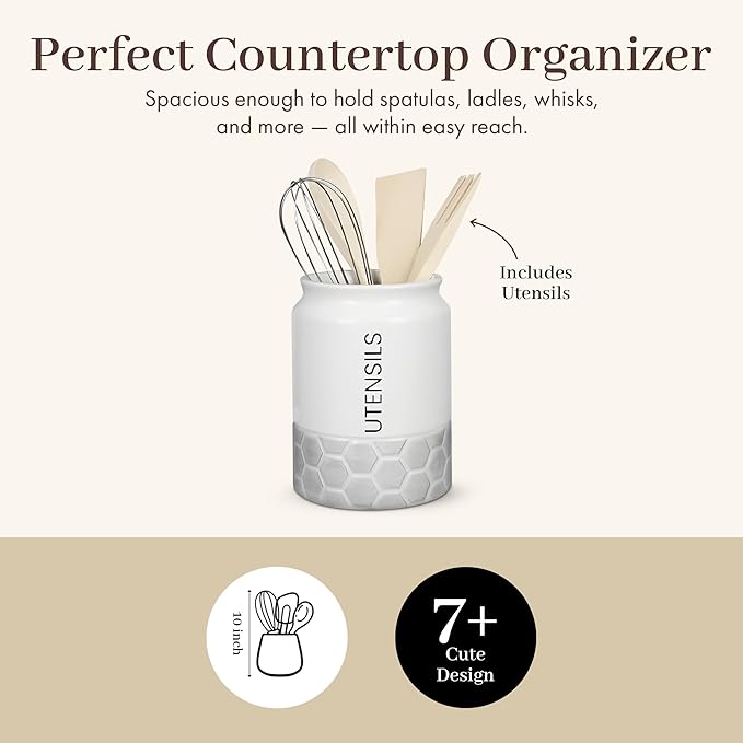 Young's Inc Modern Country Tool Holder with Wood Kitchen Tools, Ceramic Utensil Holder for Kitchen Counter, Cooking Spoon & Spatula Holder for Counter with Utensils, White/Grey