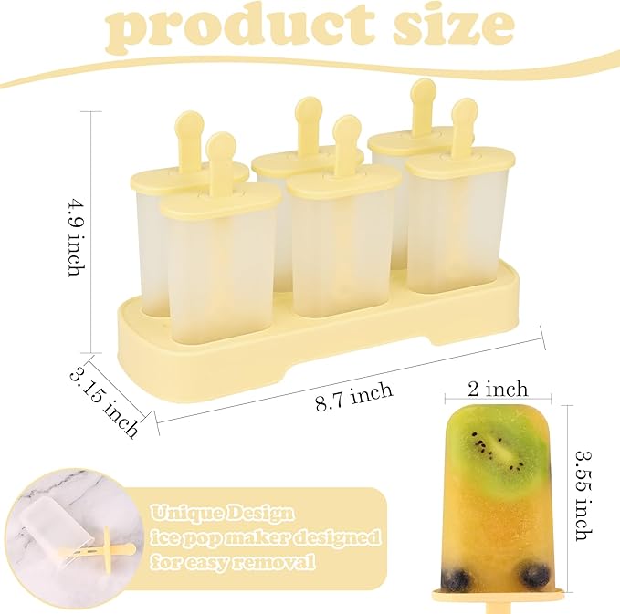 WMKGG Popsicles Molds Set, 6 PCS Ice Pop Mold,Homemade Ice Cream Mould with Sticks, Popsicle Maker(Yellow)