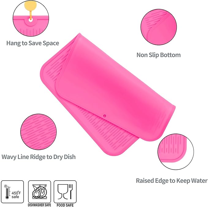 Silicone Dish Drying Mat for Multiple Usage,Easy clean,Eco-friendly,Heat-resistant Silicone Mat for Kitchen Counter or Sink,Refrigerator or Drawer Liner Rose XL 18 inches x 16 inches