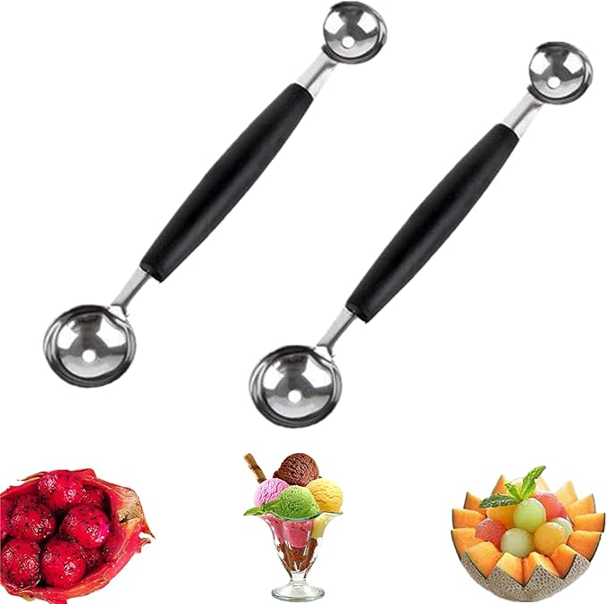 2 Pack Double Ended Headed Fruit Icecream Ball Spoon,Stainless Steel Melon Baller,Smooth Round Melon Balls Melon Scoop for Watermelon/Ice Cream/Fruits/Sorbet/Meatball