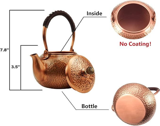 Funmaker Handmade Solid Copper Tea Pot Kettle Stovetop Teapot Thick Hammered Copper Tea Pot Kettle Stovetop Teapot Made for gasstove tops pure copper kettle (Type 2-1200ml)
