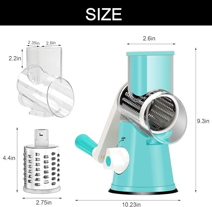 Cambom Rotary Cheese Grater Hand Crank Cheese Shredder for Fresh Cheese, Vegetable, Nuts,Non-slip Suction Base, Free Cleaning Brush Three Blades, Blue