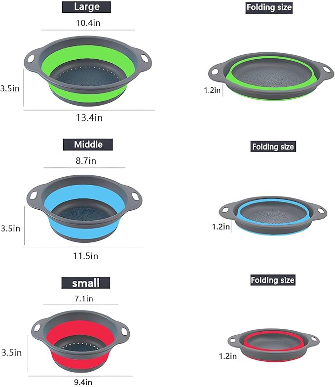 Silicone Colander Collapsible Strainers Set for Kitchen- 3 Pack (3Qt, 4Qt, 5Qt) -Over Home Draining Basket, Food Vegetables & Fruits-Dishwasher Safe, Space Saving Design (Green, Blue, Red)