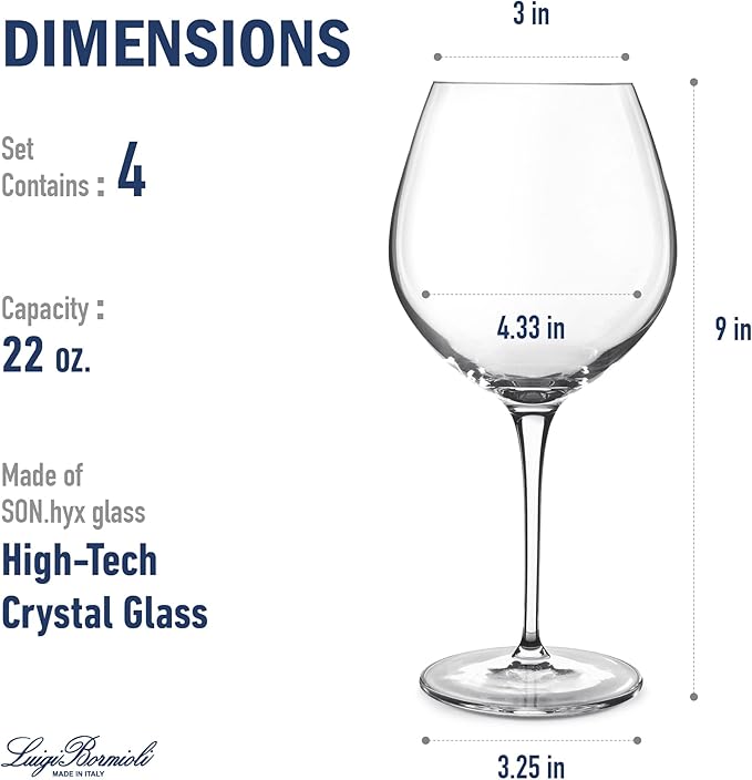 Luigi Bormioli Crescendo Burgundy 22.25 Oz. Red Wine Glasses, Set Of 4, Crystal Balloon Wine Glass, Dishwasher Safe, Made In Italy