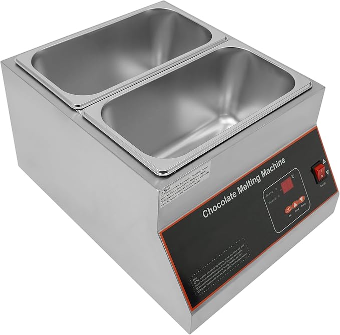 Chocolate Melting Pot, 500W 12kg/26.5lbs Electric Chocolate Tempering Machine, Stainless Steel Commercial Chocolate Melter Food Warmer for Catering Restaurant, 2 Tanks, 32-203°F