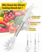 Silicone Pasta Fork and Ladle Spoon Set, Large Non Stick Kitchen Utensils for Cooking,Stirring,Serving Spaghetti, Soup, Sauce (WHITE)