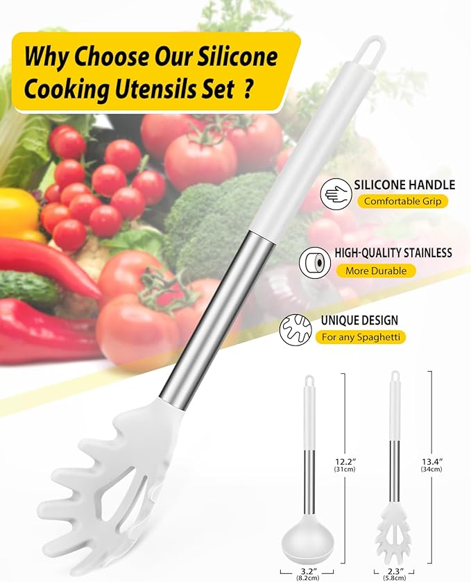 Silicone Pasta Fork and Ladle Spoon Set, Large Non Stick Kitchen Utensils for Cooking,Stirring,Serving Spaghetti, Soup, Sauce (WHITE)
