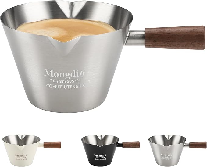 Mongdio Espresso Measuring Cup, Stainless Steel Espresso Shot Cups with Wooden Handle and Double Spouts, 6.8OZ/200ML, Silver