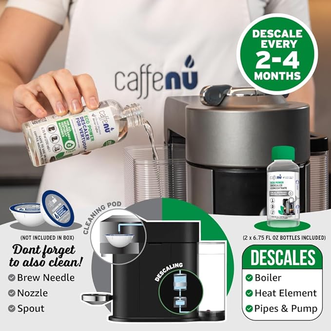 Nespresso Compatible Descaling Kit. 2 Bottles of Vertuo Descaler Solution. Removes Limescale For Hotter Coffee. 4 Uses Descaler For Nespresso Vertuo Coffee Machines.