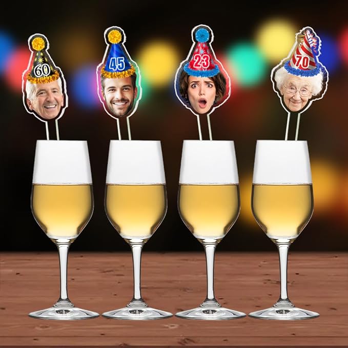 Personalized 50 Pcs Drink Stirrers With Photo Face, Custom Birthday Hat Stir Sticks, 30th - 50th Birthday Party Decorations, 70th 80th 90th Birthday Decor, Pet Birthday Cocktail Sticks DS2