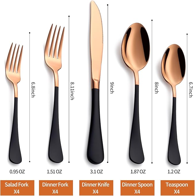 20 Piece Rose Gold and Black 18/0 Flatware Utensil Set for 4, Include Dinner Knife,Dinner Forks,Dinner Spoons,Salad Forks,Teaspoons,Silverware Set for 4, Dishwasher Safe