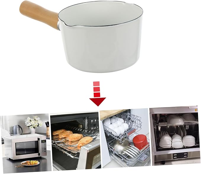 Cabilock Small Enamel Pot: 3 Inch Milk Warmer Pan with Dual Pour Spout, Butter Melting Pot Milk with Wooden Handle, Dishwasher Safe White Soup Saucepan Pan