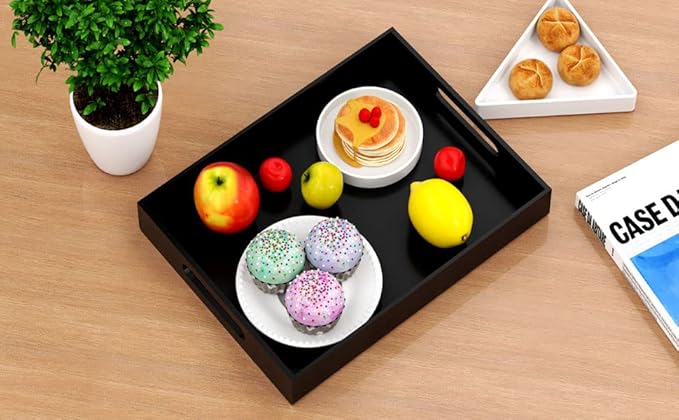 NIUBEE Acrylic Serving Tray 12x16 Inches -Spill Proof- Decorative Tray Organiser for Ottoman Coffee Table Countertop with Handles - Black