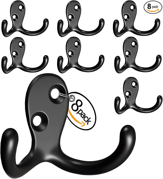 Coat Hooks Wall Mount Heavy-Duty - 8-Pack Double Prong Metal Wall Hook for Living Room, Bedroom, Bathroom, Kitchen, Closet, for Coat, Bag, Scarf, Towel, Hat, Key, Easy Installation (Black)