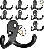 Coat Hooks Wall Mount Heavy-Duty - 8-Pack Double Prong Metal Wall Hook for Living Room, Bedroom, Bathroom, Kitchen, Closet, for Coat, Bag, Scarf, Towel, Hat, Key, Easy Installation (Black)