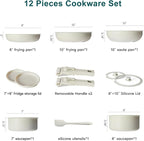 NEWBULIG Nonstick Kitchen Cookware Set, Pots and Pans with Detachable Handle, Induction Compatible, Dishwasher & Oven Safe, Space-Saving, Cream White, 12 Pieces(5 Pot)