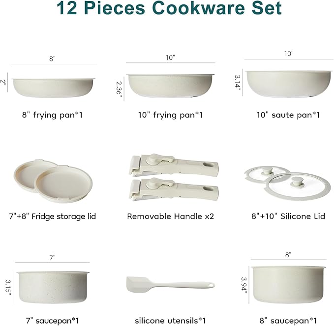 NEWBULIG 12-Piece Nonstick Kitchen Cookware Set, Pots and Pans with Detachable Handle, Induction Compatible, Dishwasher & Oven Safe, Space-Saving, Cream White