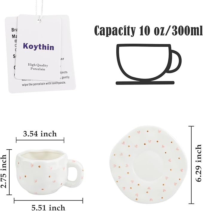 Koythin Ceramic Coffee Mug with Saucer Set, Cute Red Heart Dots Cup Unique for Office and Home, 10 oz/300 ml for Latte Tea Milk