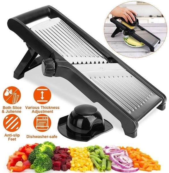 Adjustable Stainless Steel Mandoline Slicer for Kitchen – Sharp & Durable Vegetable and Fruit Cutter with Non-Slip Grip, Safety Gloves, Cleaning Brush – Easy-Clean & Dishwasher-Safe