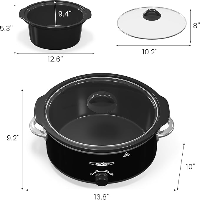 4QT Slow Cooker & Mini Food Warmer with Removable Ceramic Pot, 3 Heating Settings, Dishwasher Safe Glass Lid, Stainless Steel,Black