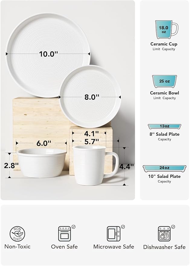 LE TAUCI 16-Piece Ceramic Cups and Plates sets for Kitchen, Service for 4 – White Farmhouse Deeper Plates & Bowls (10" Dinner, 8" Salad, 6" Bowls, 18 oz Mugs), Stackable, Chip Resistant Stoneware