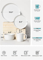 LE TAUCI 16-Piece Ceramic Cups and Plates sets for Kitchen, Service for 4 – White Farmhouse Deeper Plates & Bowls (10" Dinner, 8" Salad, 6" Bowls, 18 oz Mugs), Stackable, Chip Resistant Stoneware