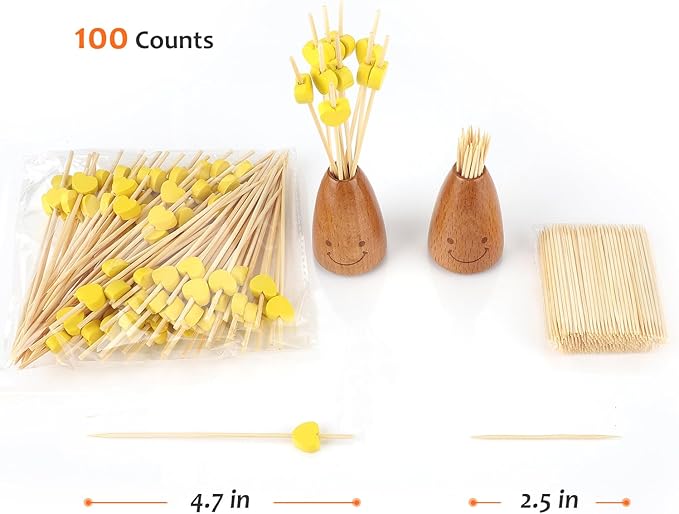 Minisland Yellow Love Heart Cocktail Picks, 4.7 Inch Long Bamboo Fancy Toothpicks for Appetizers, Decorative Mardi Gras Wedding Party Food Drinks Garnish Fruit Kabob Skewer Sticks 100 Counts -MSL441