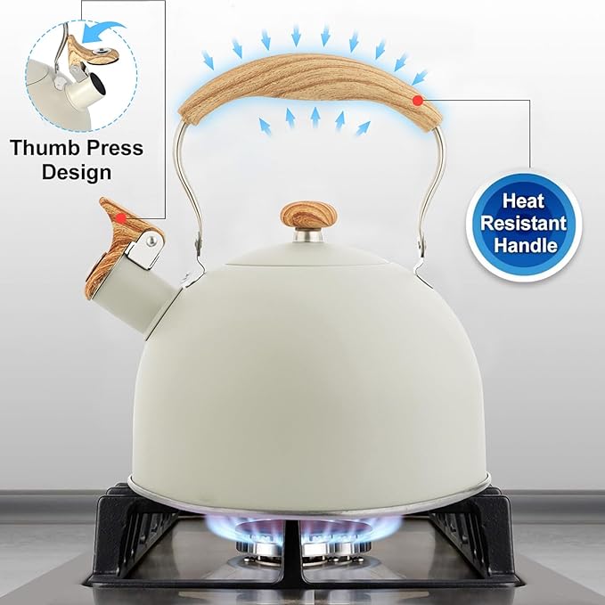 Kawlity Whistling Tea Kettle Tea Pots 2.5L, Stainless Steel Kettle with Wood Pattern Folding Handle, Whistle Kettle for Tea Coffee (Beige)